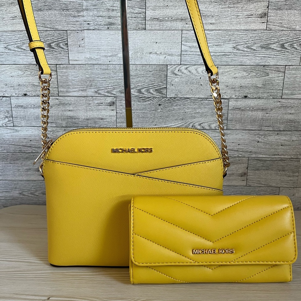 Michael Kors Golden Yellow MD Dome Crossbody and Trifold Wallet